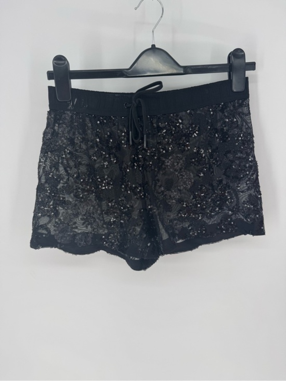 Skull & Bones festival boho Sequin Lace Drawstring sheer Black shorts